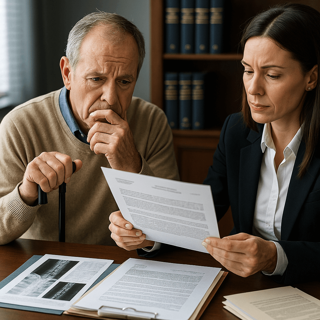 Abogada y cliente mirando una demanda judicial